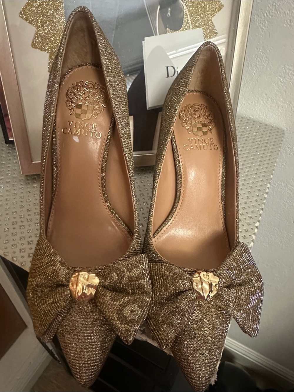Vince Camuto Metallic Gold Pointed-Toe Bow Pumps, NWOT